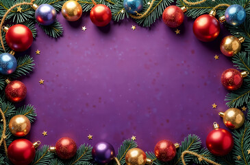 rectangular frame made of fir branches and Christmas toys and spaces