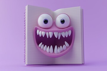 Fototapeta premium A cartoon face with big eyes and teeth is on a pink page of a book