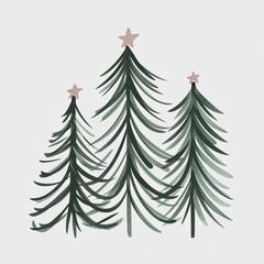Obraz premium Modern minimalist vector illustration of three simple Christmas pine trees topped with blush stars, ideal for clean holiday design.
