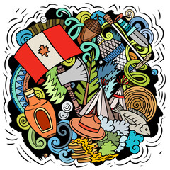 Fototapeta premium Canada cartoon doodle illustration. Funny Canadian design. Creative vector background with north America country elements and objects