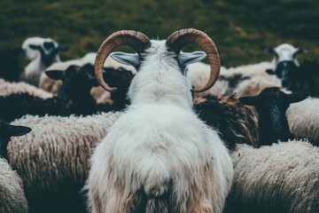 A ram is standing in a herd of sheep