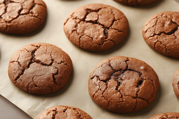 Fototapeta premium Photo of baked chocolate crinkle cookies on baking paper, close-up view