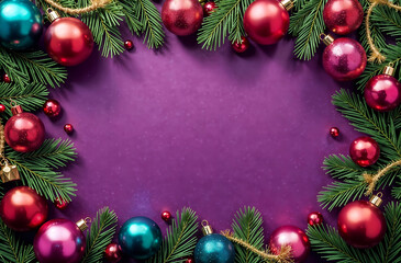 rectangular frame made of fir branches and Christmas toys and spaces