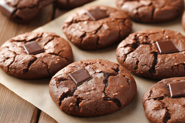 Fototapeta premium Photo of baked chocolate crinkle cookies on baking paper, close-up view