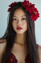 Fototapeta premium A woman with long black hair and red flowers in her hair
