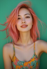 Fototapeta premium A woman with pink hair is wearing a yellow floral dress