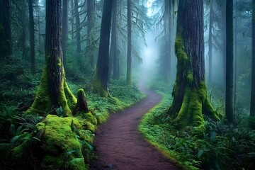 Obraz premium misty forest path winding through tall trees with mossy ground, green foliage, serene nature, and tranquil sunlight rays