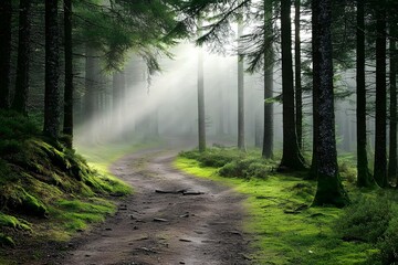 Fototapeta premium misty forest path winding through tall trees with mossy ground, green foliage, serene nature, and tranquil sunlight rays