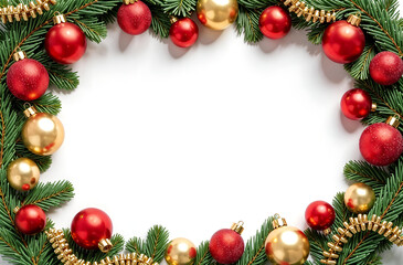 rectangular frame made of fir branches and Christmas toys and spaces