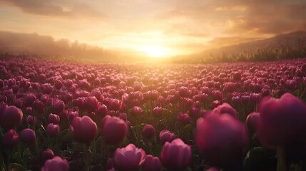 Obraz premium A vibrant lotus field under a golden sunset, showcasing rows of blooming flowers and natural beauty.