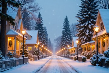 Peaceful winter evening in a snow-covered village with copy space