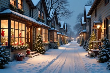 Fototapeta premium Festive winter village with snowy street and holiday decorations