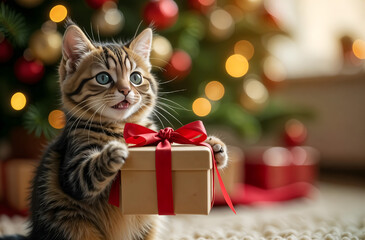 A cute fluffy kitten holds in its paws a gift box with a bow near the Christmas tree with toys and a space for copying