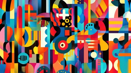 Symbolic image of cultural diversity using a vibrant, abstract mosaic of overlapping cultural symbols and patterns in a simple environment, Photo of