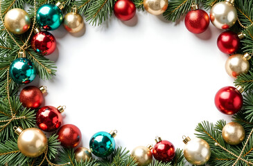 rectangular frame made of fir branches and Christmas toys and spaces
