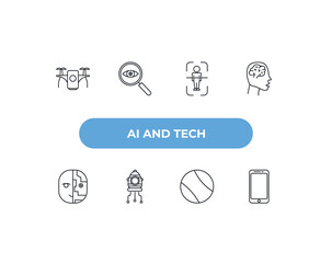 fully editable outline icon collection from ai and tech concept. thin line icons set such as unmanned aerial vehicle, detection, body scan, ball, smartphone,