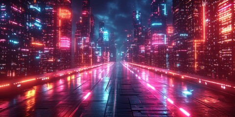 Fototapeta premium Neon-lit futuristic city street at night, reflecting on wet pavement.