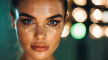 Close-up of a Caucasian woman's freckled face with bokeh lights, perfect for beauty and holiday-themed concepts