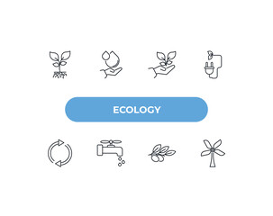 fully editable outline icon collection from ecology concept. thin line icons set such as plant and root, raindrop on a hand, plant on a hand, olives on a branch, wind mill,