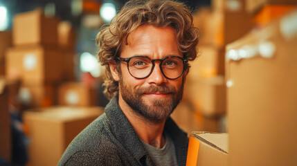 A cheerful worker in a bustling warehouse holding a packed box, representing logistics, shipping, or teamwork