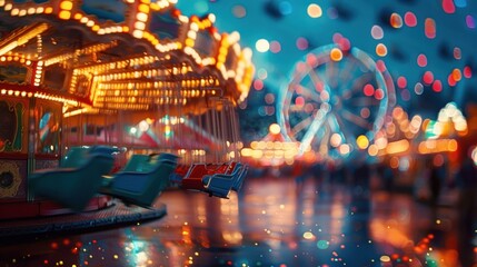 Illuminated carousel and Ferris wheel at night amusement park.