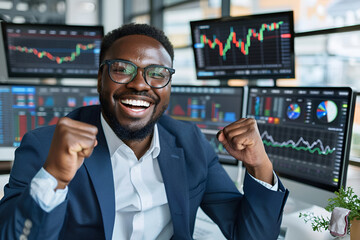 Excited business professional celebrating success in stock trading office environment