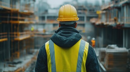 Construction worker in yellow hard hat and vest overseeing a building site.