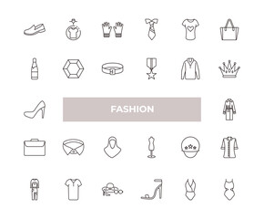 Fototapeta premium fully editable outline icon collection from fashion concept. thin line icons set such as men shoe, man printing, sparkling wine, swimwear, women swimsuit,