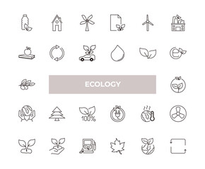 fully editable outline icon collection from ecology concept. thin line icons set such as recycled bottle, green house, and books, ecology, recycle arrows,