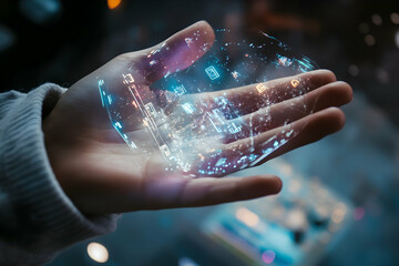 A hand holds a glowing display with holographic icons of advanced technology