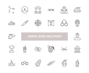 Fototapeta premium fully editable outline icon collection from army and military concept. thin line icons set such as strategy, military helmet, army boat, grenade launcher, walkie talkie,