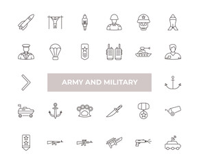 fully editable outline icon collection from army and military concept. thin line icons set such as missile, pull up, general, gun shooting, military satellites,