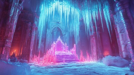 Obraz premium A mystical ice palace with vibrant icicles and a glowing throne, evoking enchantment.