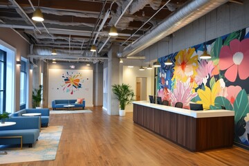 A large room with a mural on the wall and a wooden desk