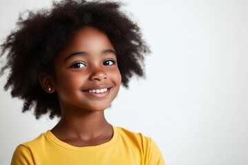 A young girl with curly hair is smiling and wearing a yellow shirt