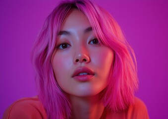 Fototapeta premium A woman with pink hair is smiling at the camera