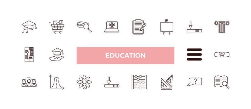 fully editable outline icon collection from education concept. thin line icons set such as graduation's music, cart with books, bookshelf with books, unknown topic, research with books,