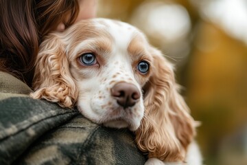 A person is holding a dog with a blue eye