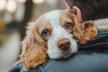 A person is holding a dog with a blue eye