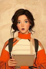 An expressive animated girl with wide eyes holding a tablet, wearing a vibrant orange and white outfit with a striped design.