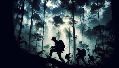 Fototapeta premium Silhouettes of researchers in a dense rainforest, silhouette, action photography, aesthetics,