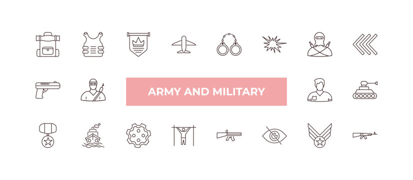 fully editable outline icon collection from army and military concept. thin line icons set such as backpack, bulletproof, , air force,