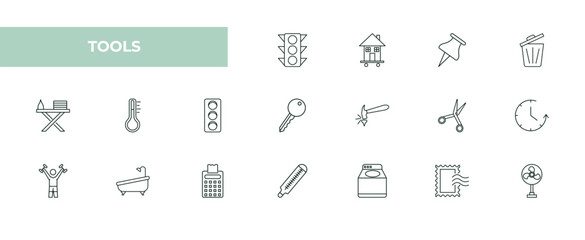 Fototapeta premium fully editable outline icon collection from tools concept. thin line icons set such as semaphore lights, house on wheels, tack save button, postage, table fan,