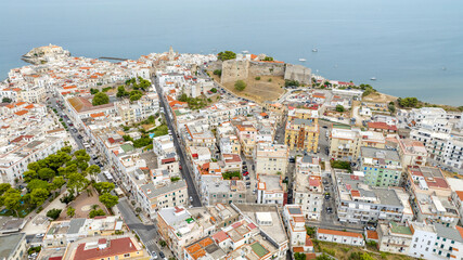 Aerial view of the medieval castle and the old town of Vieste, in Puglia, Italy. It is a small town and tourist destination in Gargano.