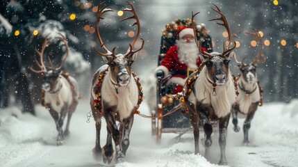 Santa Claus joyfully rides through a snowy forest with his reindeer during a festive winter celebration. Generative AI