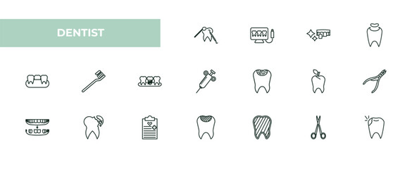 fully editable outline icon collection from dentist concept. thin line icons set such as dental care, intraoral, dental veneer, dentist scissors, cavity,