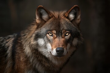 Obraz premium A wolf with a brown and black coat and a yellow eye stares at the camera