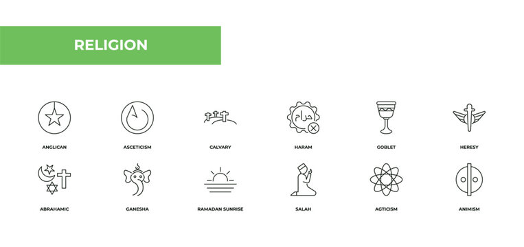 fully editable outline icon collection from religion concept. thin line icons set such as anglican, asceticism, calvary, agticism, animism,