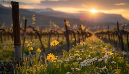 Obraz premium Lush vineyard featuring blooming grapevines under the warm glow of the late spring sun