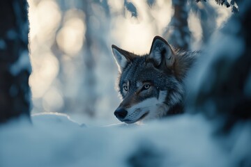 Obraz premium A wolf is standing in the snow, looking at the camera